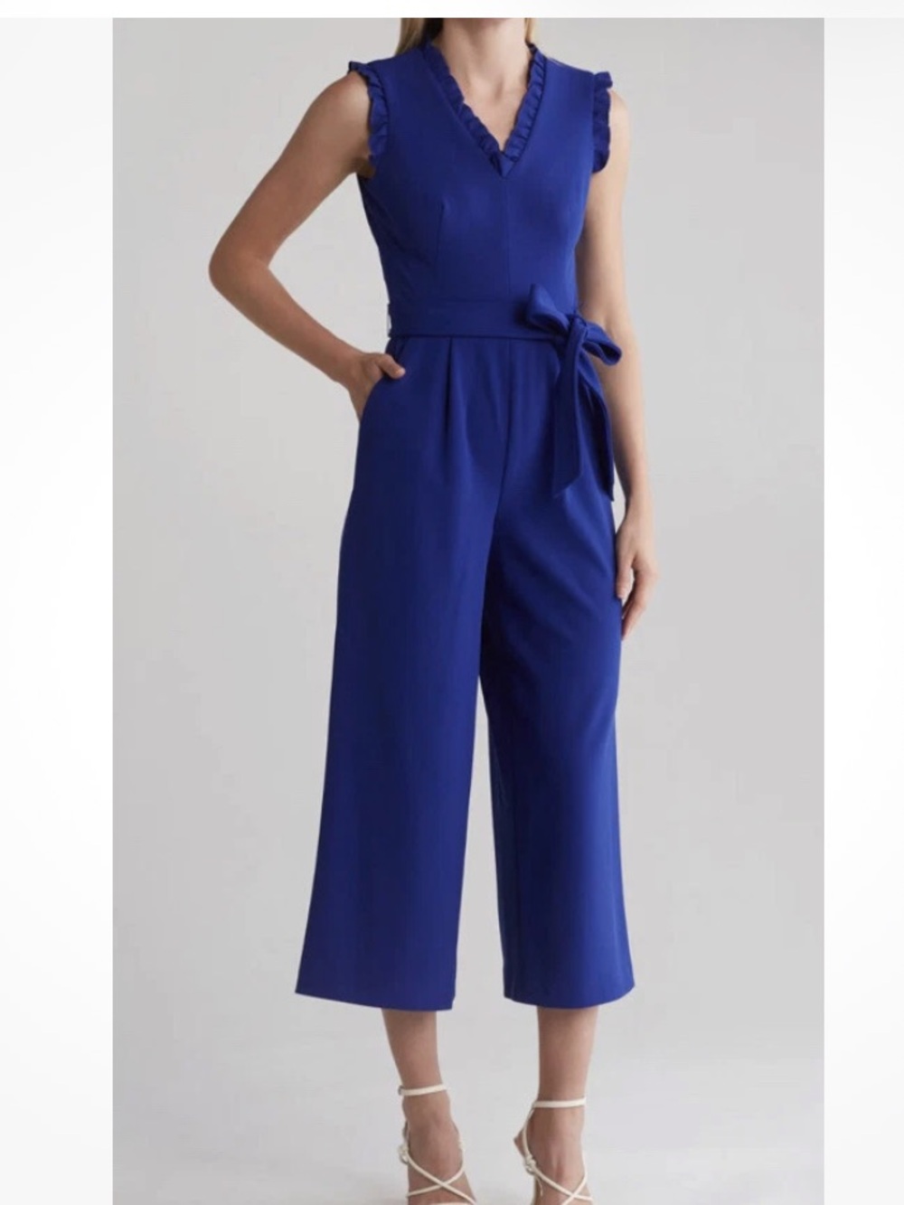 Calvin Klein Ultramarine Blue Wide Leg Ruffle Jumpsuit Belt Size 6